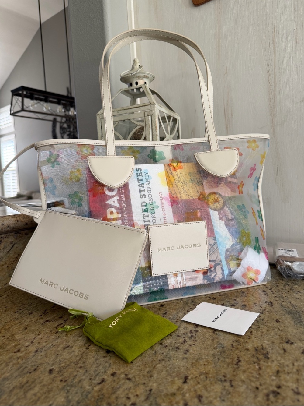New Marc Jacobs Clear Floral Tote with White leather Trim & pouch